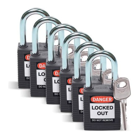 Brady Brady Lockout Padlock, Keyed Differently, 1-1/2", Plastic/Steel, Black, 6/Pack 51353
